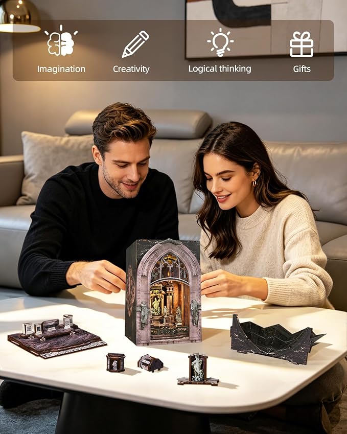 CCCDF DIY Dollhouse Kit, Gothic Architecture Miniature with Dust Cover, Easy Assembly Wooden Craft for Adults Bookshelf Decor (Duomo di Milano)