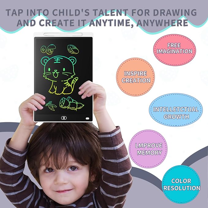 Genialba LCD Writing Board 10 Inches, Colourful Electronic Tablet, Portable Erasable Drawing Board, Graphic Tablet for Children's Games 3 4 5 6 7 Year Old Kid Boys Girls (White)