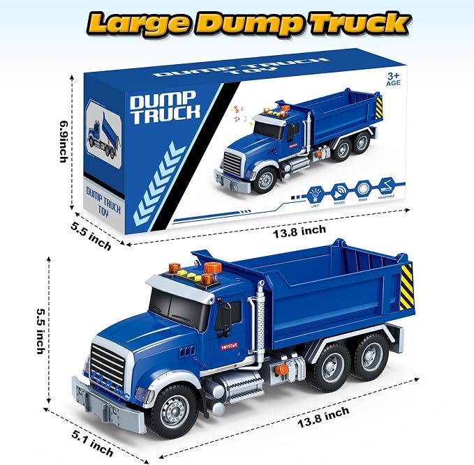 Bstoyder Kids Toys for 3 4 5 6 7 8 Years Old Boys, Large Dump Truck Toy with Lights, Sounds, Blue Toddler Friction Powered Truck Vehicle Toy for Boys Girls Birthday Gifts