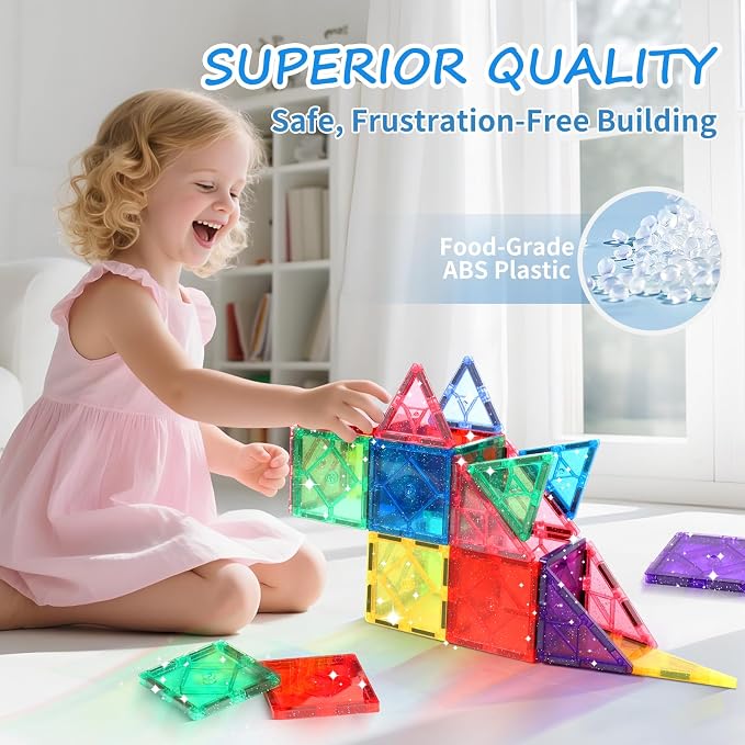 Mruikeny 100 Pieces Magnetic Tiles for Kids Ages 4-8, Glitter Magnetic Building Tiles Preschool Learning Magnet Toys, STEM Sensory Magnet Building Blocks for Toddlers 3 4 5 6 7 8+ Year