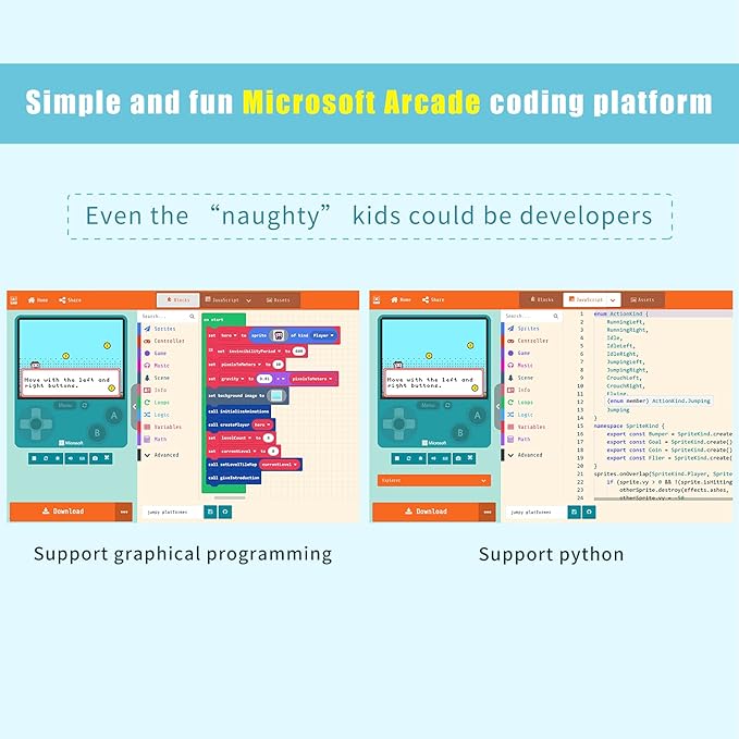 ELECFREAKS Retro Coding Arcade for Microsoft Makecode DIY Programmable Handheld Game Console Suitable for STEM Education, Game Programming Learning Machine Supports Block Programming and Python