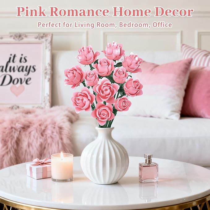 Pink Roses Flower Bouquet Building Set, Artificial Flowers Botanical Collection Compatible with Lego Flowers for Adults Christmas Anniversary Valentines Day Gifts