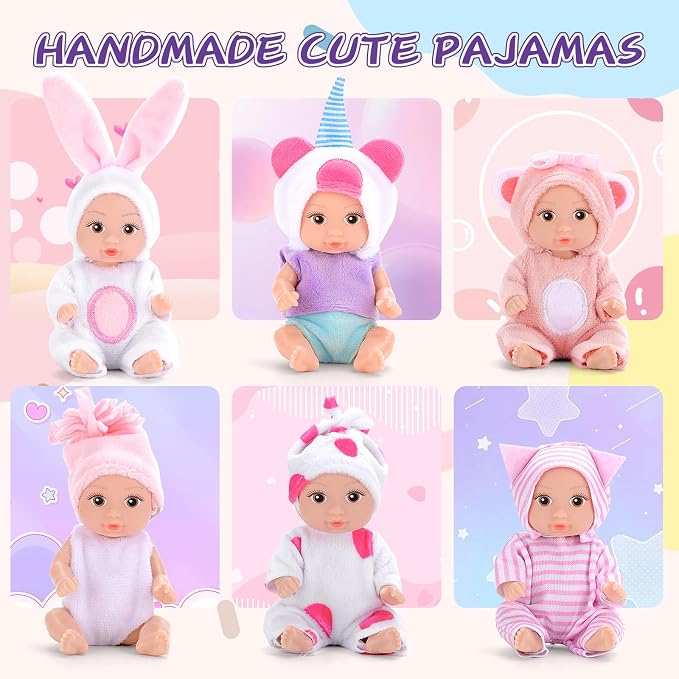 6PCS 4 Inch Realistic Open-Eye Baby Doll Playset - Mini Reborn Baby Dolls with Handmade Pink Clothes, Christmas Easter for Kids Age 3+