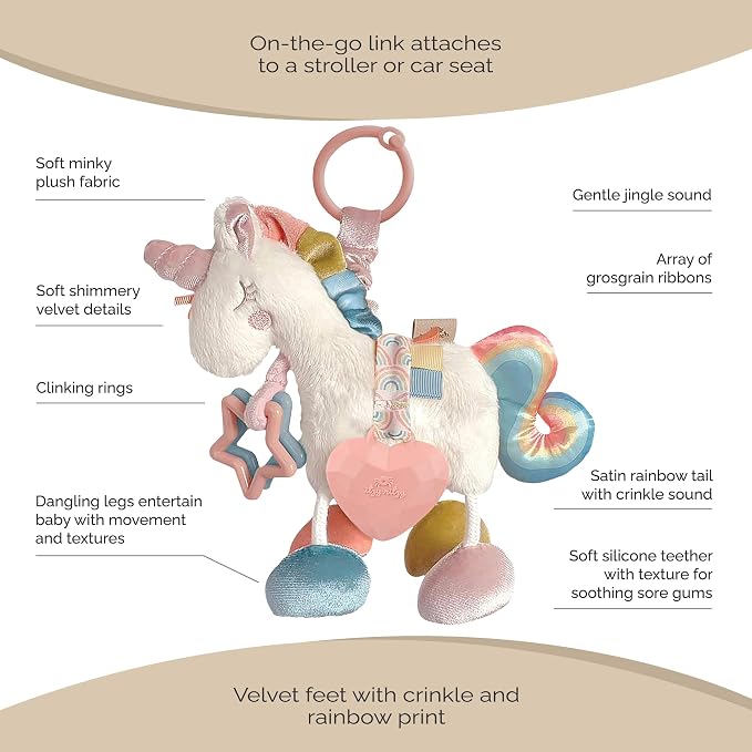 Itzy Ritzy Link & Love Toy for Stroller or Car Seat – Features Textured Ribbons, Crinkle Sounds, Clinking Rings & Silicone Teether – Designed For Ages 0 Months and Up (Unicorn)