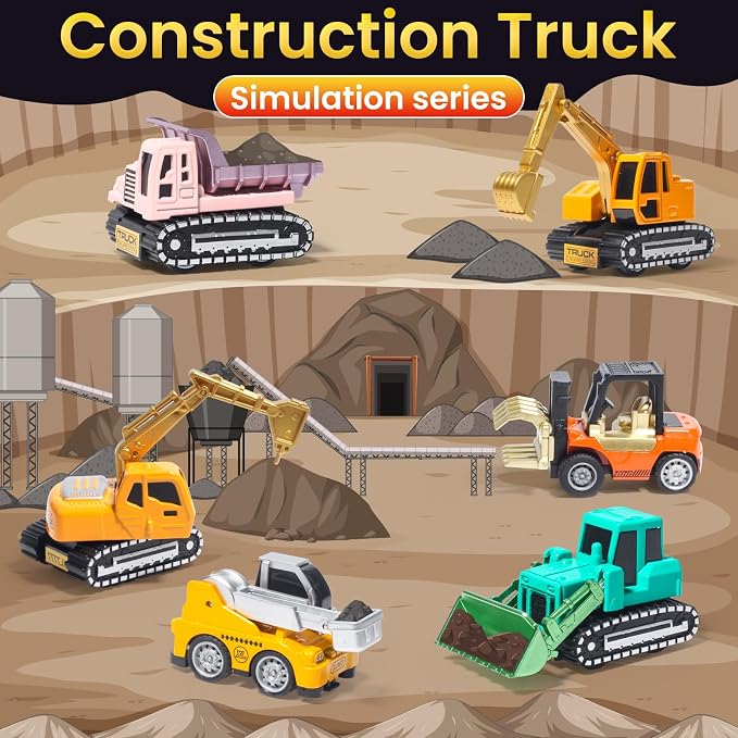 Oriate Diecast Construction Trucks Toys for Boys Girls Age 3 4 5 6 Years Old, Pull Back Cars Set for Engineering Kids, Travel Mini Metal Toy Truck Excavator, Christmas Birthday Class Kids Gifts