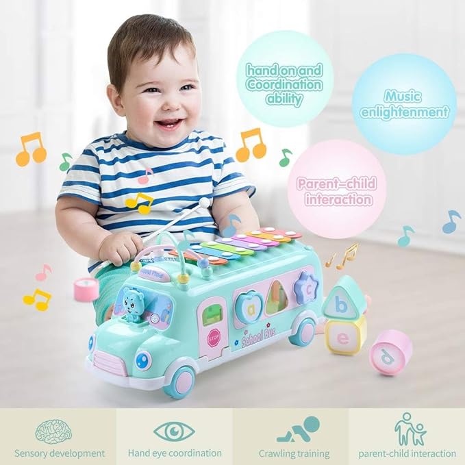 5-in-1 Baby School Bus Xylophone Toys for 1 Year Old Girl Gifts, Educational Toddler Toys , 1st Birthday Gril Gift, Toddlers Montessori Musical Baby Bus with Shape Sorter & Knock Hammer