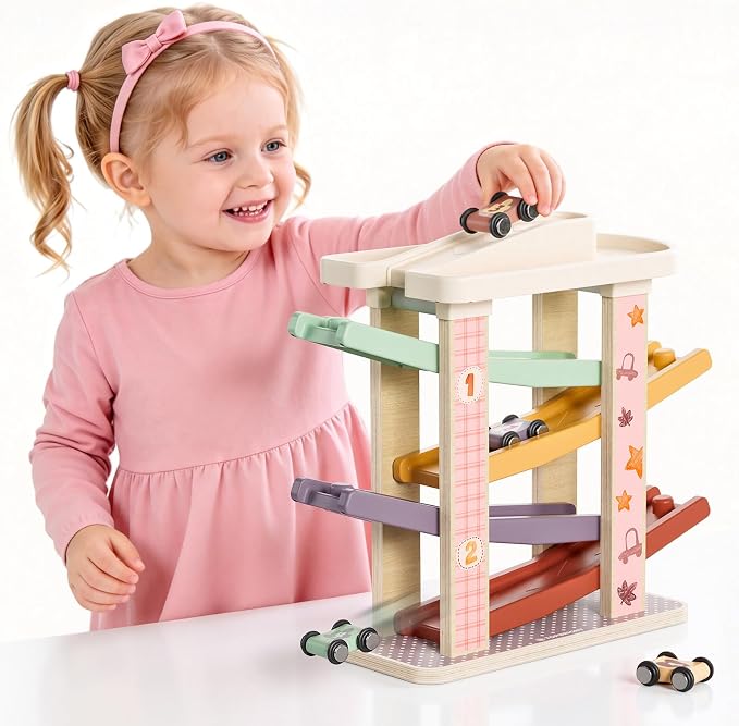 TOP BRIGHT Toddler Toys for 1 Year Old Girl Gifts, Wooden Car Ramp Race Track Set, Car Toys for Toddlers with 4 Cars and a Garage, Montessori Toys for 2 Year Old Girl, Birthday Gift for Age 18+ Month
