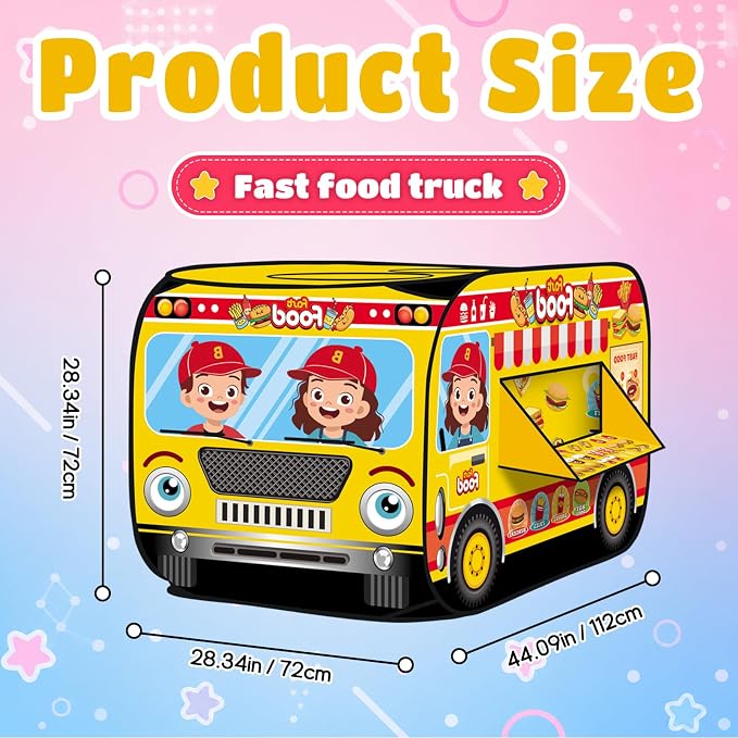 Pop Up Play Tent for Kids, Foldable Playhouse for Aged 3-5 Years Old Boys and Girls, Fast Food Truck, Hamburger Hot Dog Cart Indoor Outdoor Toy Tents for 4 5 6 3+ Kids Toddlers