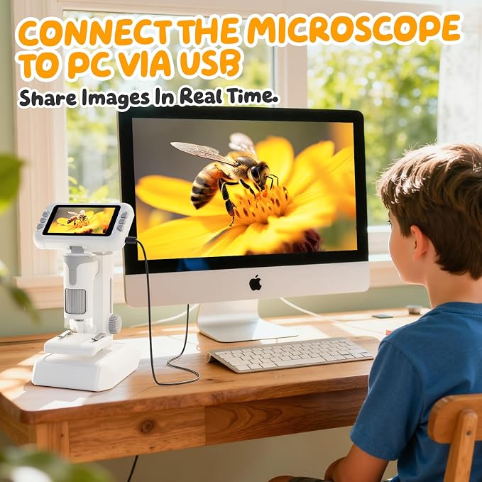 1600X Microscope for Kids, 1080P 4.0" Digital Screen Kids Microscopes with Slides Kit, Educational Science Toys for Christmas Birthday Gifts for 3-14 Year Old Children Students