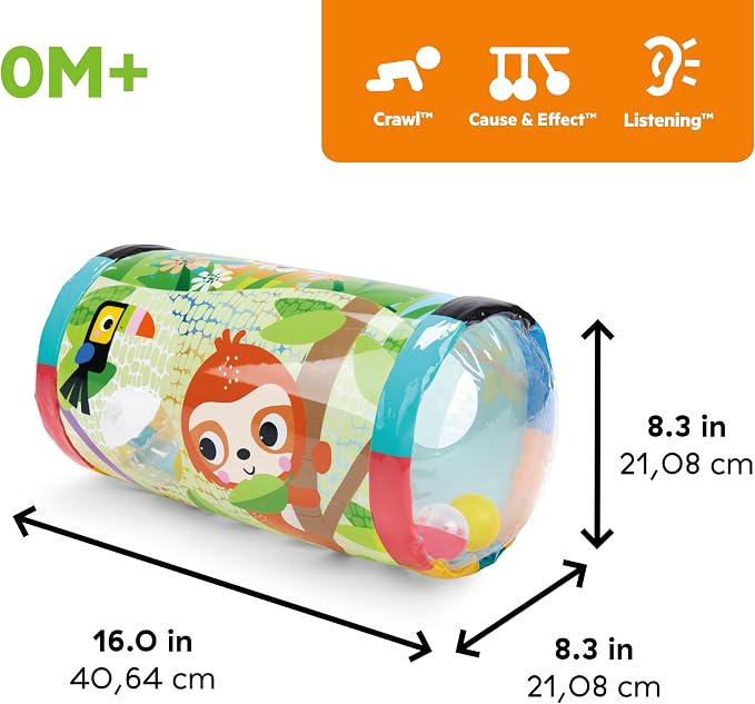 Bright Starts Roll-Along Rainforest Baby Toy, Push & Crawl Activity Toy with Rattle Balls, Portable Travel Roller Toy for Infants & Toddlers, Unisex, 0M+