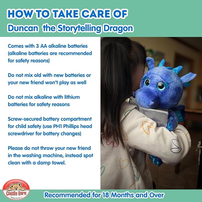 Cuddle Barn | Duncan The Storytelling Dragon with Light Up Eyes |Animated Stuffed Animal Plush Toy | Mouth Moves, Head Sways and Eyes Light Up | Recites 5 Fairy-Tales - 11"