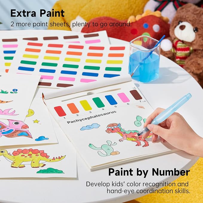 Shuttle Art Paint with Water Coloring Book for Kids, 25 Dinosaur Themed Pages with 2 Brushes, Mess-Free Watercolor Paint Set, Travel-Friendly Art Craft Gift for Toddlers, Birthday Christmas Gift