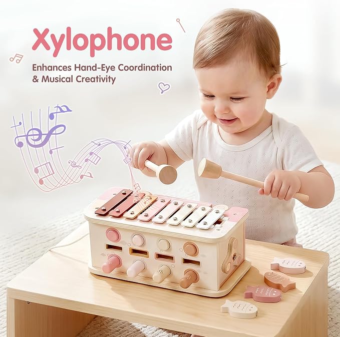 Vanplay Hammering Pounding Toys for 1 Year Old Girl Gifts, Montessori Toys for 1 2 Year Old, 7 in 1 Wooden Preschool Learning Activities Toy for Toddlers 1-3 - Baby Girl Gifts 12+ Months(Pink)