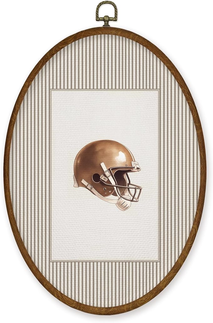 WULQYING Football Wall Art Decor, Boys Sports Nursery Oval Framed Canvas Art Prints, Neutral Striped Classic Football Helmet Wall Hanging Decor for Nursery Home Bedroom Sport Room, 8.6x11.4 Inches
