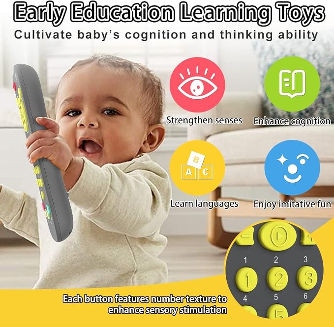 Baby Remote Toy, Toddlers TV Remote Control Toy Kids Realistic Play Remote Early Educational Baby Musical Toys with Light and Sound English French Spanish for Proshool Boys Girls 6 Month+, Gray
