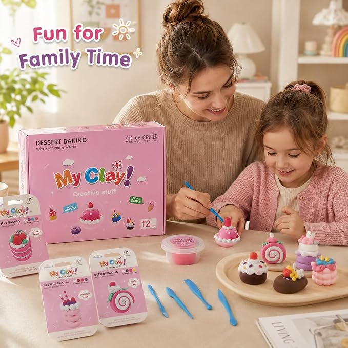Air Dry Clay Kit for Kids, 12 Dessert Baking Modeling Clay for Kids, DIY Model Magic Clay with Tools and Tutorials, Soft&Non-Sticky, Safe&Non-Toxic Magic Clays,Creatible Art Crafts Toys Gifts
