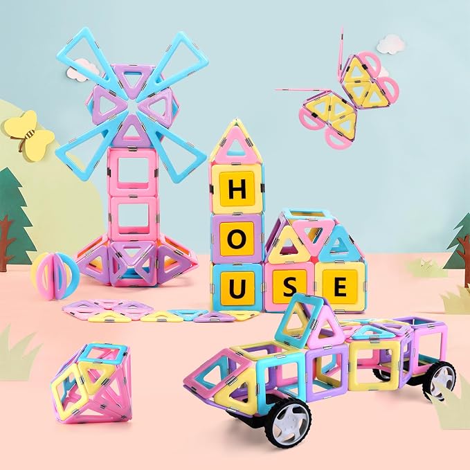 Magnetic Tiles Building Blocks Toys for Kids, 136 Pieces 3D Creative Castle Construction Magnetic Stacking Set Preschool Intelligence STEM Toys for Girls Boys Age 3years and Up (Educational Set)