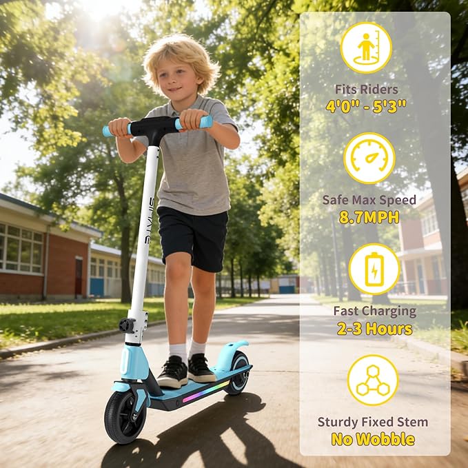 SIMATE Electric Scooter for Kids 6-14, Colorful Lights & Double Brake System, Aluminum Alloy Frame, Foldable, LED Display, for Boys Girls