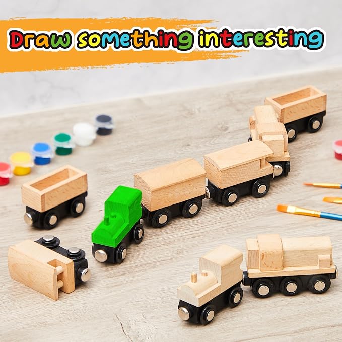 Halloscume 30 Pcs Unfinished Magnetic Wooden Train Cars 5 Styles DIY Unpainted Wood Trains for Paint Crafts Project & Summer Camp, Birthday Party Favors Decorations (Retro)