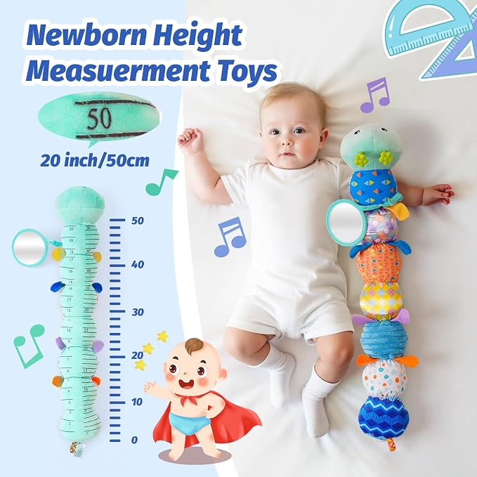 Baby Toys 0-6 Month, Musical Caterpillar Rattle, Infants Sensory Toy with Mirror Crinkle Textures, Newborn Developmental Tummy Time Stuffed Plush Animal toys for Babies Boys Girls 3-6-12 Months (Blue)
