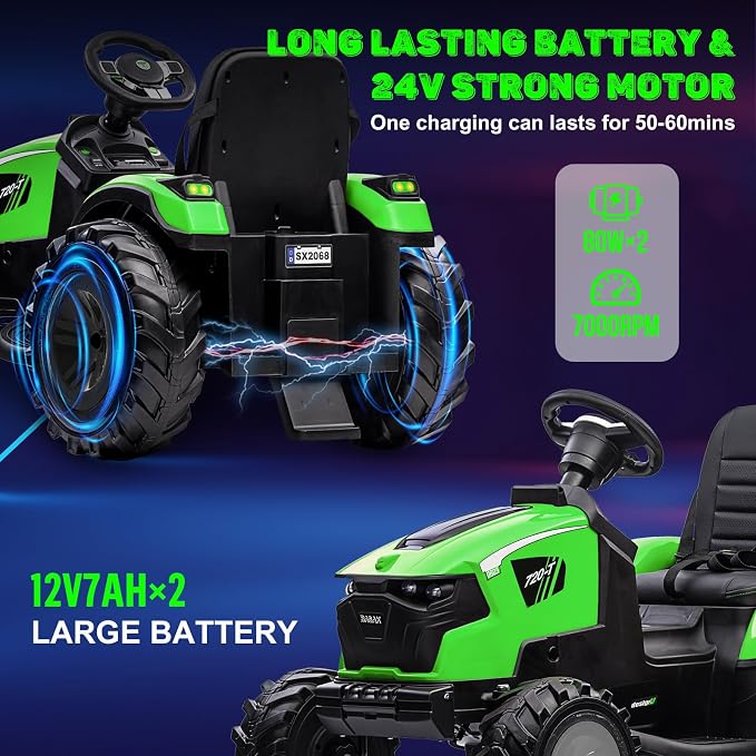 3 in 1 Ride on Tractor, 24V Ride on Toy for Big Kids, Excavator Bulldozer - Battery-Powered Electric Vehicle w/Trailer, Digger, Remote Control, LED Lights, Music, USB, Battery Powered, Green