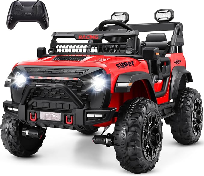 Hikole 2 Seater Ride on Car with Remote Control,24V Battery Powered Electric Truck for Kids,4x100W Motor,LED Headlights,Music Player,Ride on Toy for Big Kids, Red