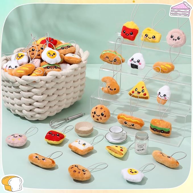 Libima 120 Pcs Mini Food Plush Keychain Set Small Sweet Food Keychain Charm Set Cute Small Bread Stuffed Toy for Carnival Birthday Party Prizes Decoration for Clothes