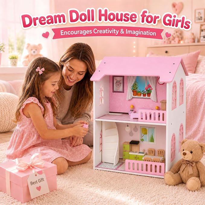 Doll House, Wooden Dollhouse for Girls, Two-Storey Pink Doll House with Furniture, Four Rooms, Pretend Play Toy, Creative Gift for Girls Aged 3+, Birthday Gift for Toddlers and Kids