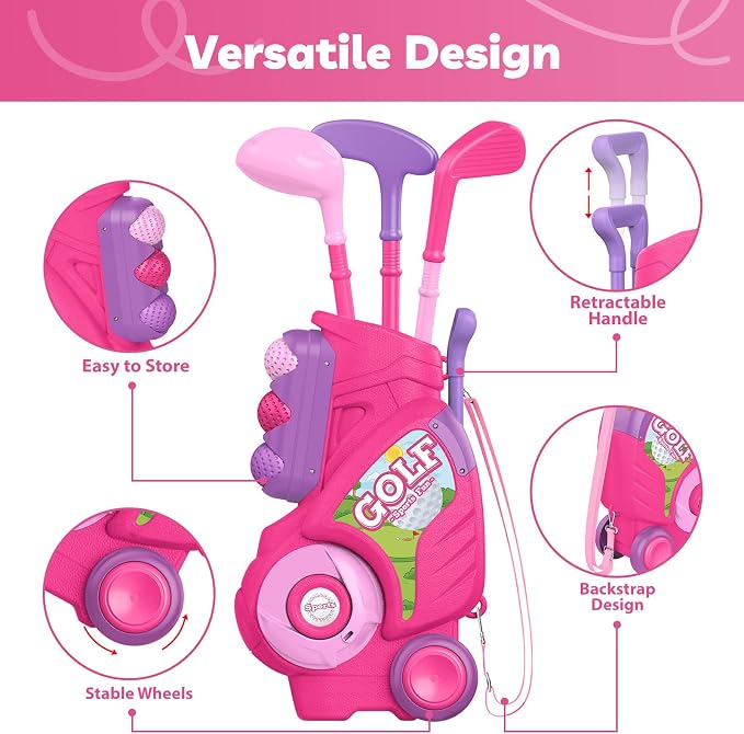 Liberry Toddler Golf Set for 2 3 4 Years Old Girls Boys, Upgraded Kids Golf Clubs Set with Golf Cart, Putting Mat, Outdoor Indoor Sports Toy Birthday Gift, Pink