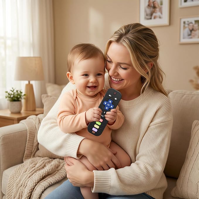 Baby Teething Toys, Remote Control Sensory Teether, Silicone Chew Toy for Teething Relief, BPA-Free Baby Remote Gift for Infants 3-6, 6-12 Months (Black)