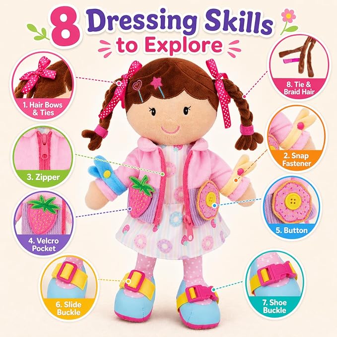 June Garden Personalized Dressy Friends Daisy – Custom Name Plush Doll for Toddlers – Montessori Learn-to-Dress Soft Toy with Buckles, Zipper & Ties – Educational Gift for Girls & Boys Age 2+