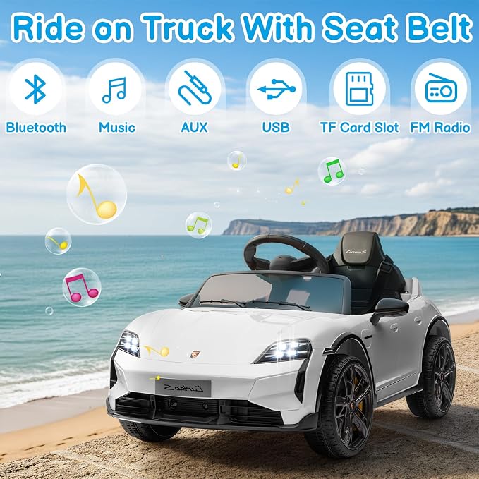 Winado 12V Kids Ride on Car, Licensed Porsche Taycan Electric Car for Toddlers, Battery Powered Ride on Vehicle W/Remote Control, with Bluetooth, 3 Speeds, LED & Rear Lights, Music & Horn (White)