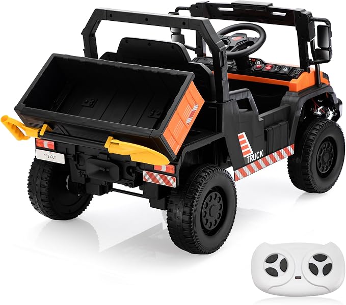 TOBBI 12V Electric Kids Car, Toddlers Ride On Dump Truck Toy with Parent Remote Control, Battery-Powered 4 Wheels Off-Road Vehicle to Drive with Auto Trailer/Horn/LED for Chirdren 3-8 Years-Orange