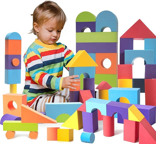 Set of 34 Large Foam Blocks for Toddlers - Stacking Soft Blocks for Kids with Shapes & Colors Learning - Construction Building Preschool Toys - Soft Toy for Daycare Toddlers 3-5 & Above