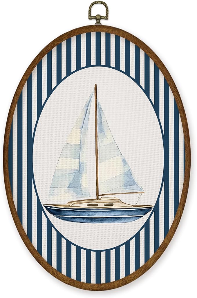 WULQYING Coastal Sailboat Nautical Nursery Wall Art Decor, Kids Room Oval Framed Canvas Art Prints, Blue Striped Sailboat Wall Hanging Decor for Kids Toddler Boy Room Bedroom Playroom, 8.6x11.4 Inches