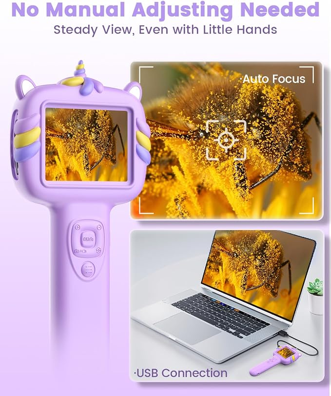 Microscope Camera for Kids Gifts Toys- Handheld Pocket Microscopes with 2.4" Screen and Autofocus - Mini Digital Educational Science Kit for Christmas Birthday for Age 3-5 5-7 8-12 Girls Boys (Purple)