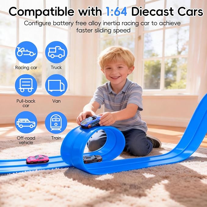 Flexible Race Track for Kids Age 3+, 15 Ft Blue Car Track with Suction Cup | Rolls Up Toddler Car Ramp Toys Compatible with Diecast 1/64th Cars, Portable Flex Tracks for Boys Indoor Outdoor Play