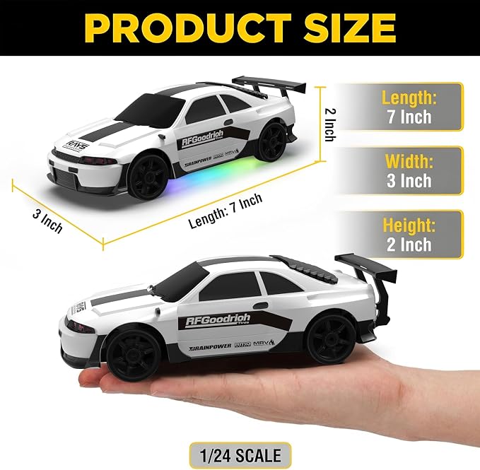 Remote Control Car RC Drift Car 2.4GHz 1:24 4WD 15KM/H High Speed Racing Sport Car with LED Lights Drifting Tire Racing Sport Toy for Adults Boys Girls Kids Gift 2Pcs Rechargeable Batteries