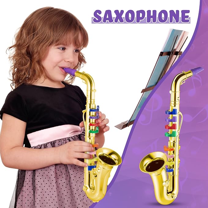 3 Pcs Kids Instruments Musical Toy Saxophone Trumpet Clarinet with 8 Color Coded Keys Educational Teaching Songs Gifts for Boys Girls Children Toddler Beginner Birthday Concert Party(Gold)