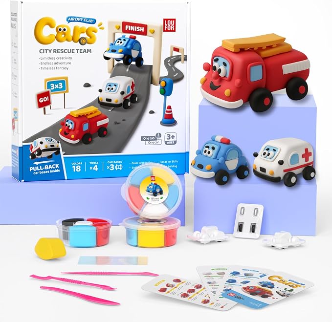 Air Dry Clay Kit for Kids - Pull Back Car Making, 3 Boxes Modeling Clay with Sculpting Tools, Base, Backing Board, Tutorial, Ultra Light & Soft, Non-Toxic & Safe, Creative DIY Arts and Crafts Toys