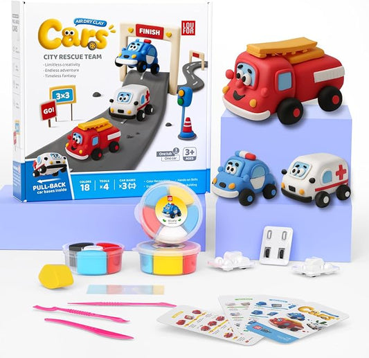 Air Dry Clay Kit for Kids - Pull Back Car Making, 3 Boxes Modeling Clay with Sculpting Tools, Base, Backing Board, Tutorial, Ultra Light & Soft, Non-Toxic & Safe, Creative DIY Arts and Crafts Toys