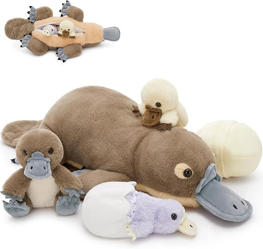 Tezituor 21" Platypus Stuffed Animal with 3 Babies & 2 Eggs, Cute Realistic Platypus Plush Toys for Kids, Christmas, Easter, Valentines, Birthday, Party Decorations