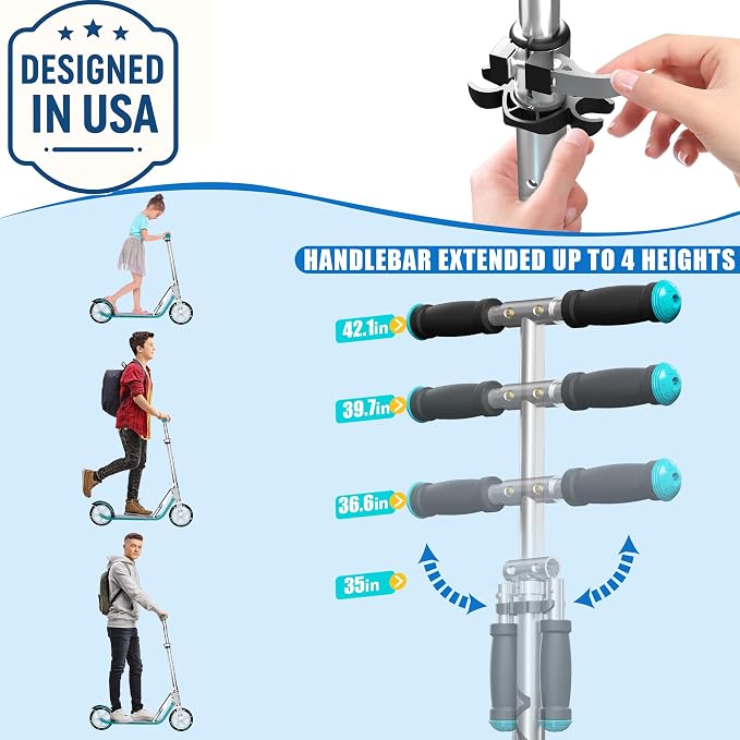 Adult Scooter with Big Wheels | Adjustable Height, Foldable Aluminum Frame | Smooth Ride for Urban Commuting and Outdoor Fun | Suitable for Teens 8-12 | 220 lbs Weight Limit