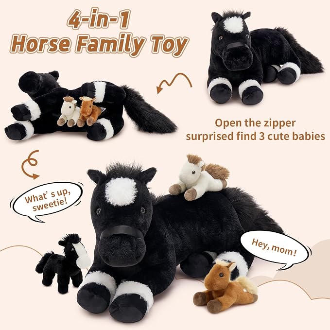 Tezituor 4-in-1 Horse Stuffed Animal Set, 18" Mommy Horse Plush with 3 Baby Pony Plushies Inside, Realistic Black Horse Plush Pillow, Soft Stuffed Pony Farm Gift for Girls Boys Kids