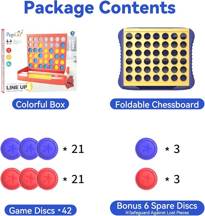 Pup Go 4 in a Row Game Large, Board Game for Kids, Four in a Line, Line Up 4, Classic Family Fun Games for 3 4 5 6 7 8 9+ Year Old Children Boys Girls Adults Yellow (6 Spare Discs Included)