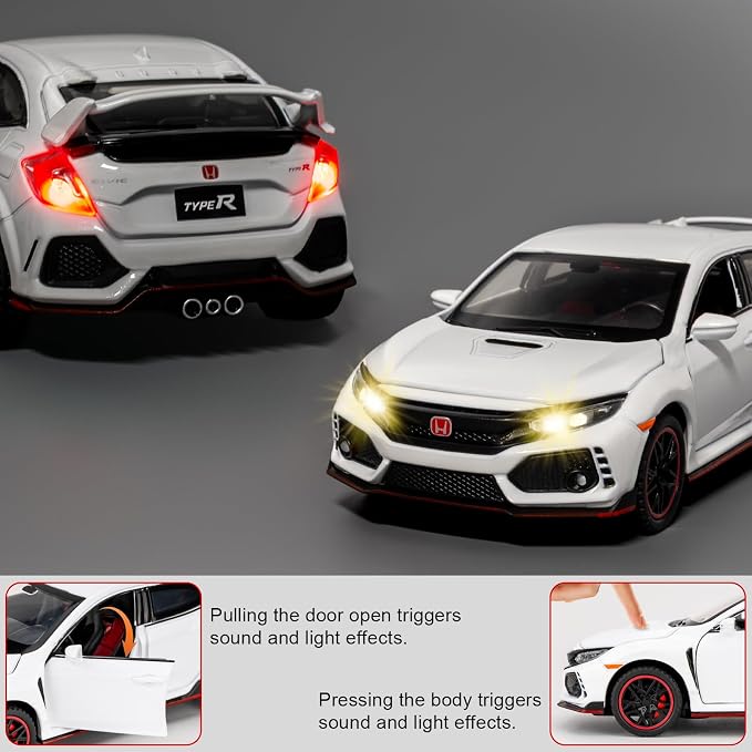 1:32 Scale Civic Type R Model Car，Toy Vehicle with Sound & Light, Pull Back Function & Openable Doors - Premium Diecast Collectible with Realistic Details White