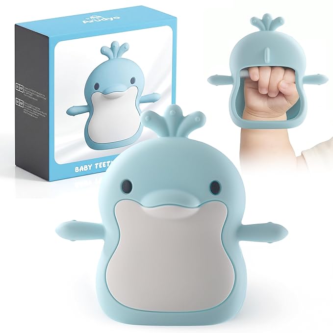 Baby Teething Toys for 3-6 Months Silicone Teething Mittens for Babies Food Grade Silicone Teether (Dolphin Ocean Blue)