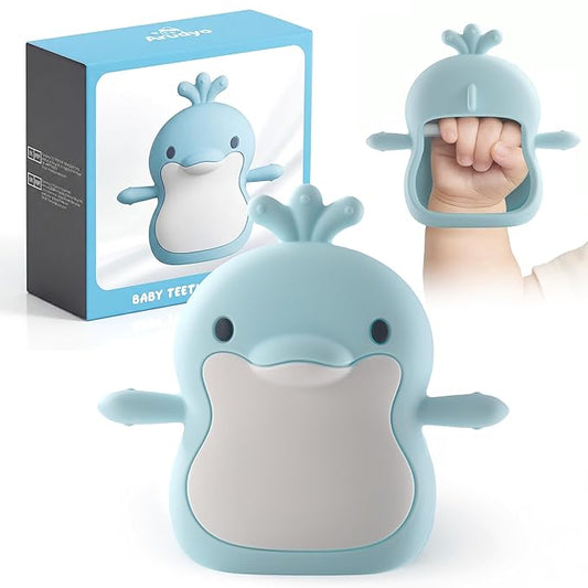 Baby Teething Toys for 3-6 Months Silicone Teething Mittens for Babies Food Grade Silicone Teether (Dolphin Ocean Blue)