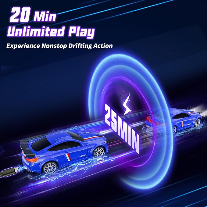 Mini RC Drift Car 1:64 Scale, Remote Control Car with LED Lights & 2-Speed Modes, 2.4GHz Stunt Drifting RC Toys with 4 Obstacles & Track Mat, Hobby Gift for Kids & Adults, Blue