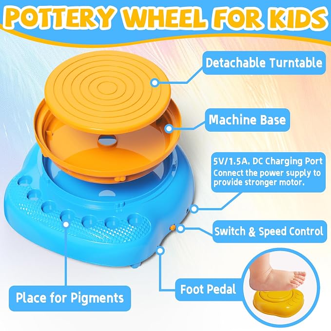 Vinkp Pottery Wheel for Kids - Complete Pottery Painting Kit Arts and Crafts for Kids Ages 8-12 with Air Dry Clay Art Supplies for Girls Boys Toys Birthday Gifts for 6 7 8 9 10 11 12 - Blue